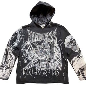 Majestik Fearless Woven Tapestry Graphic Hoodie Men's M Black White Satin Lined